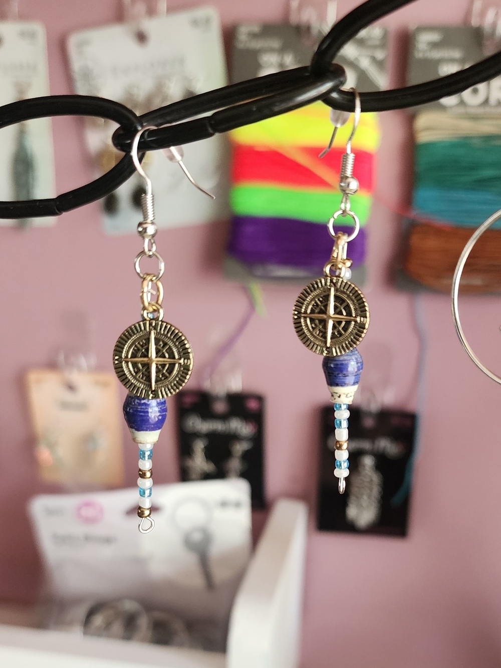 Brass Compass Dangle Earrings with Blue Beads